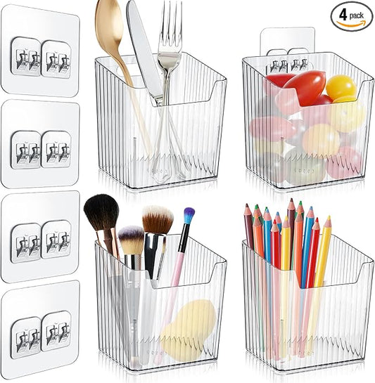 4 Pack Acrylic Wall Mount Organizer, Adhesive Cabinet Door Storage Bins, Clear Makeup Containers, Stackable Organizer Basket for Kitchen, Bathroom, Cabinet, Pantry, Office