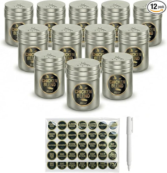 CUSINIUM 12-pack 6oz Metal Seasoning Containers Set with Adjustable Lid -192 Labels + Marker - Spice Jars Organizers Bundle