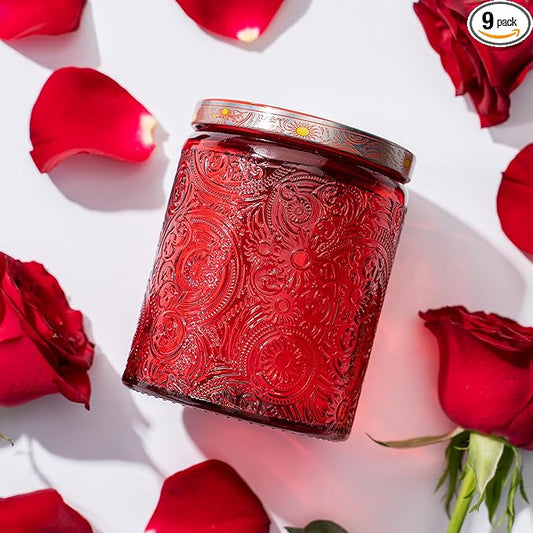 Art Secret 9-Pack 8oz Embossed Glass Candle Jars with Lids and Labels - Sun Moon Stars Design (Red)