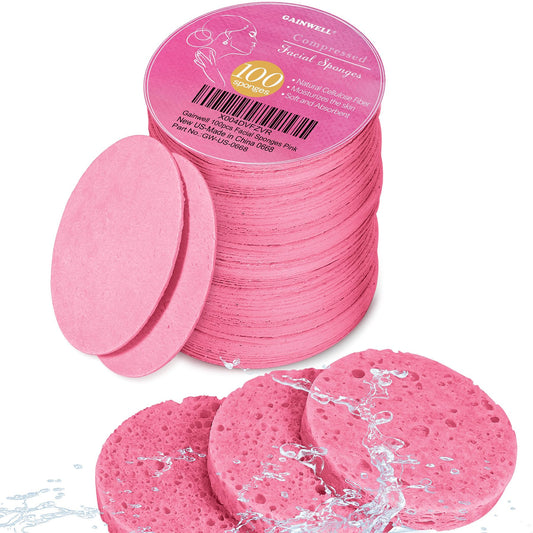 50-Count Compressed Facial Sponges for Daily Facial Cleansing and Exfoliating, 100％ Natural Cosmetic Spa Sponges for Makeup Remover, Reusable, Pink