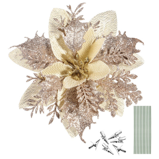 STOBOK Christmas Glitter Poinsettia Artificial Flowers|12 Pack Christmas Tree Ornaments for Wreaths Garland Holiday Party, Xmas Decoration, Red 6 Inch (Poinsettia)