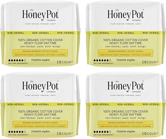 The Honey Pot Company - 64ct - Sanitary Pads for Women - Non-Herbal Heavy Flow Daytime w/Wings - Organic Cotton Cover & Ultra-Absorbent Core - Feminine Care - FSA & HSA Eligible