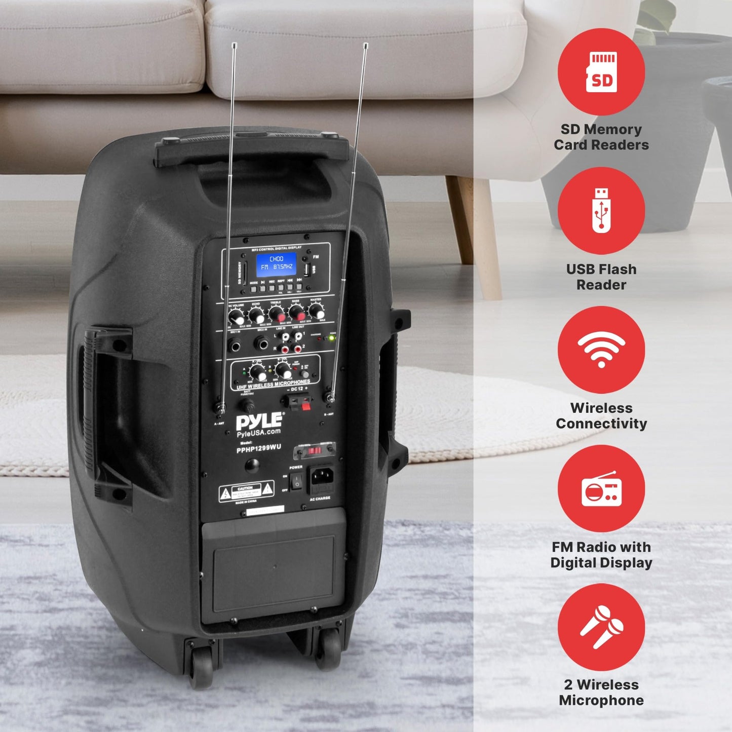 Pyle PPHP1299WU.5 Karaoke Portable PA Speaker System - 1000W Active Powered Wireless Bluetooth Compatible, Outdoor Speaker, Wheels, USB MP3 RCA, 2 UHF Microphone, Remote, Black