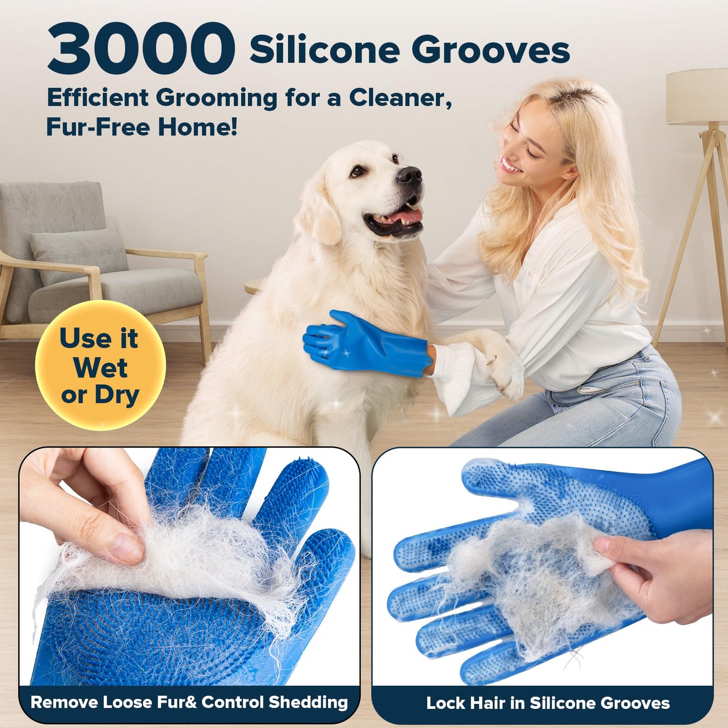 Augwind 6PCS Pet Grooming Kit for Dogs,Cats and Horses | Dog Washing Gloves | Dog Bath Brush | Dog Bath Gloves | Dog Shampoo Brush | Pet Grooming Gloves | Dog Bath Supplies (Navy Blue)