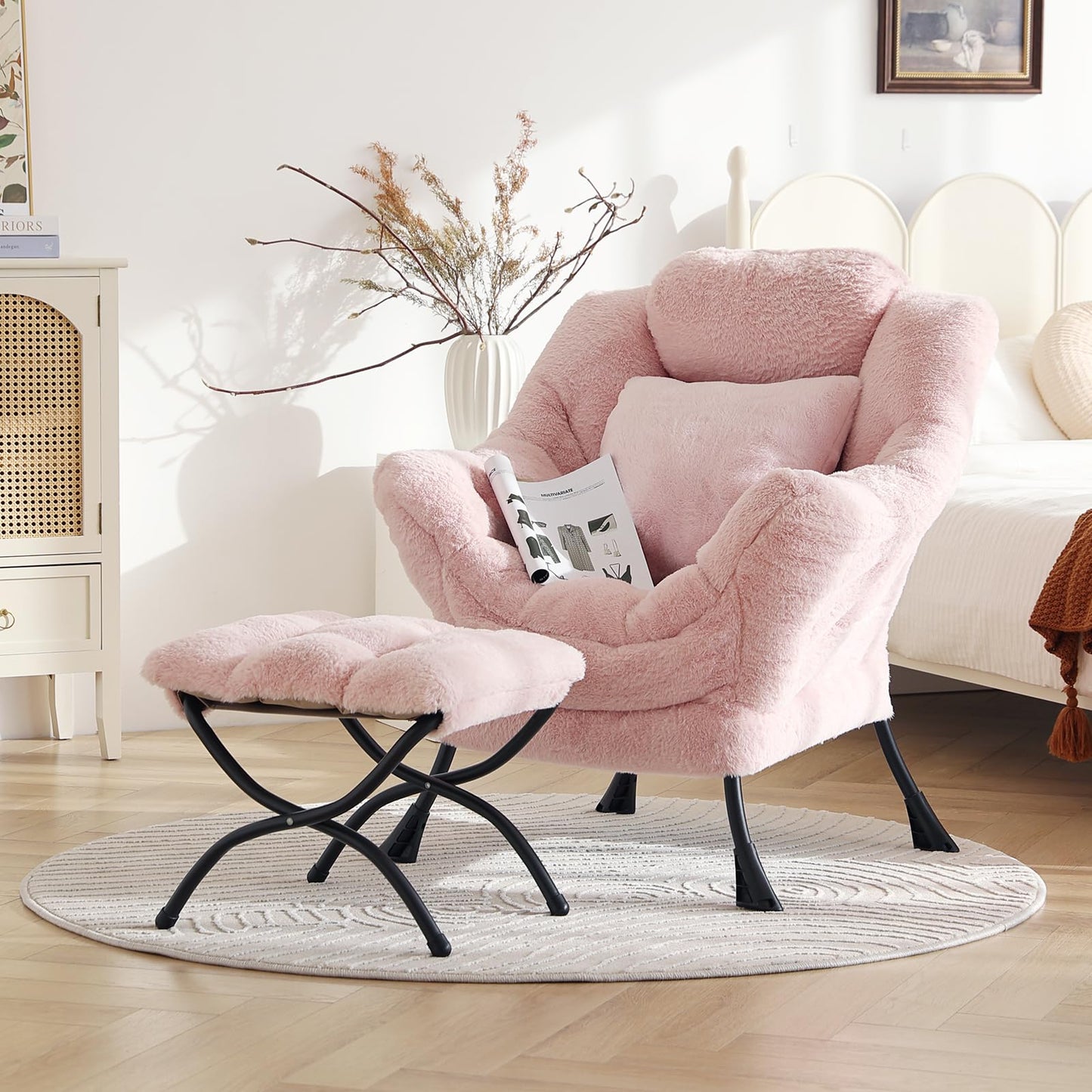 HomEastlly Large Lazy Chair with Ottoman, Accent Reading Chair with a Throw Pillow, Cozy Lounge Chair with Armrest, Leisure Sofa Chair for Living Room, Bedroom, Dorm, Plush Pink