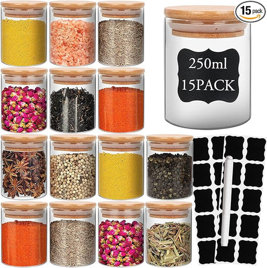 DHSBTLS 6 oz Glass Jars with Bamboo Lids, Borosilicate Glass Airtight Canisters sets, Food Storage Container, Pantry Organization and Storage Jars, Kitchen Spice Jars of 15