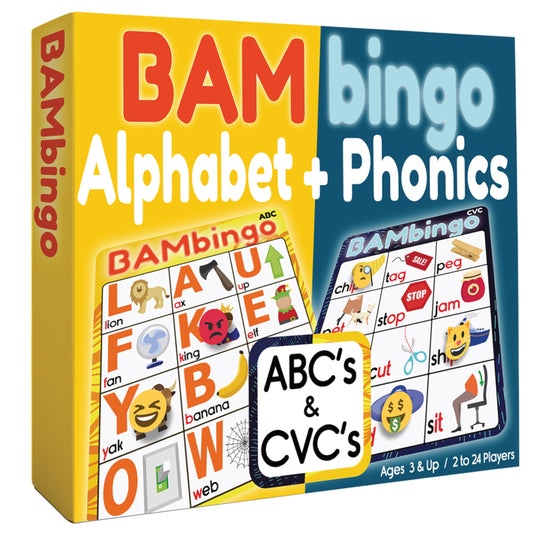 THE BAMBINO TREE Alphabet and Phonics Bingo - ABC Learning Letter Recognition and CVC Words with Pictures - Phonics Games for Kids Ages 3-6 yrs Preschool Kindergarten