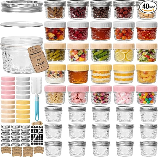 CycleMore 4oz Mason Jars, 40 Pack Small Glass Jar With Silver Separable Lids & Colorful Plastic Lids, Mini Canning Jars for Honey, Jam, Jelly, Wedding Favors, Kitchen Food Storage