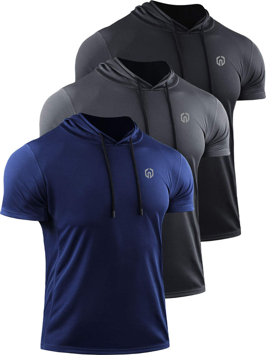 NELEUS Men's Running Shirt Mesh Workout Athletic Shirts with Hoods,5084,3 Pack,Black/Grey/Navy Blue,US 2XL,EU 3XL