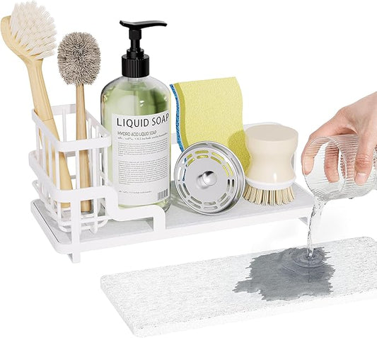 Consumest Sponge Holder for Kitchen Sink - Sink Caddy Organizer with Water Absorbing Stone Tray, Detachable Brush Holder, Stainless Steel Kitchen Counter Organizer Rack, White