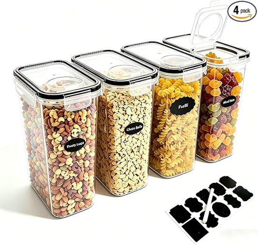 4 Pack 4L/135oz Cereal Storage Containers, Airtight BPA Free Plastic Cereal Dispenser with Lids, Large Dry Food Storage Canister for Pantry, Rice, Flour, Sugar, Pasta
