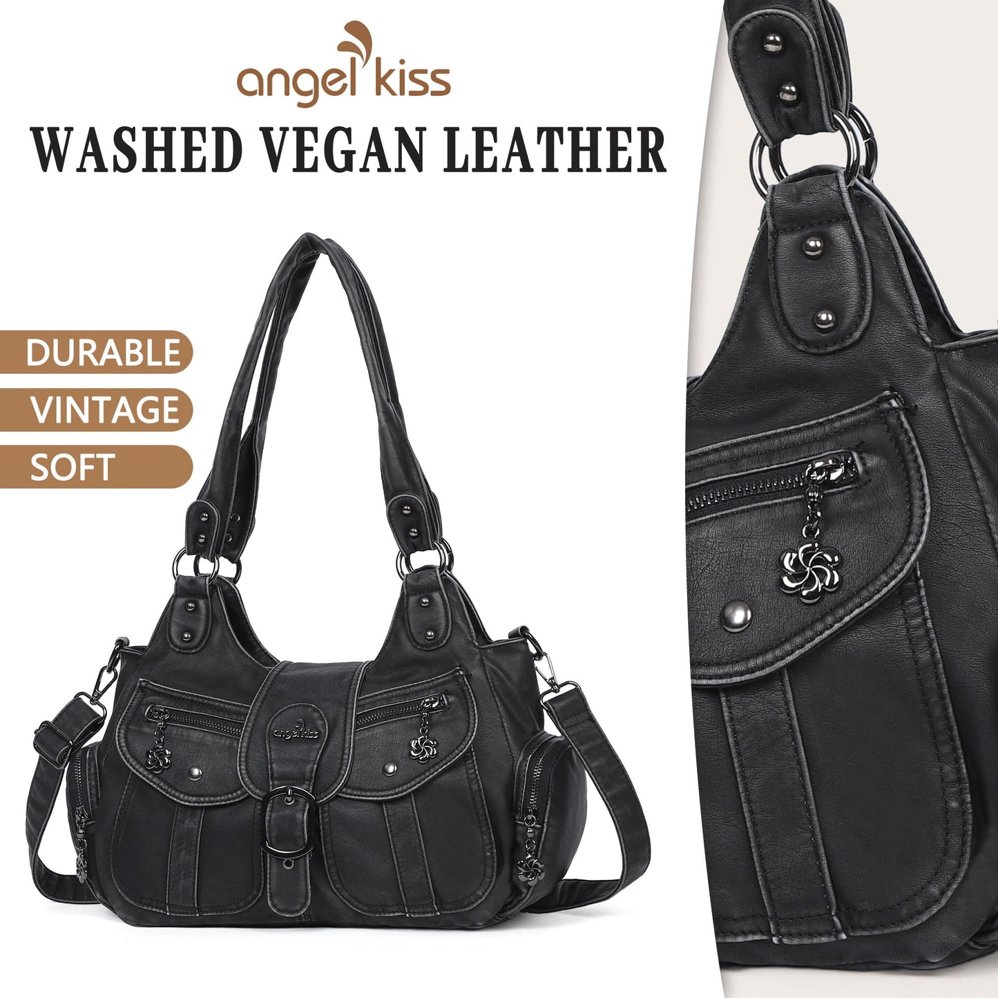 Angel Kiss Hobo Bags for Women Vegan Leather Shoulder Purses and Handbags Ladies Roomy Tote Bags Purse with Crossbody Strap,Black