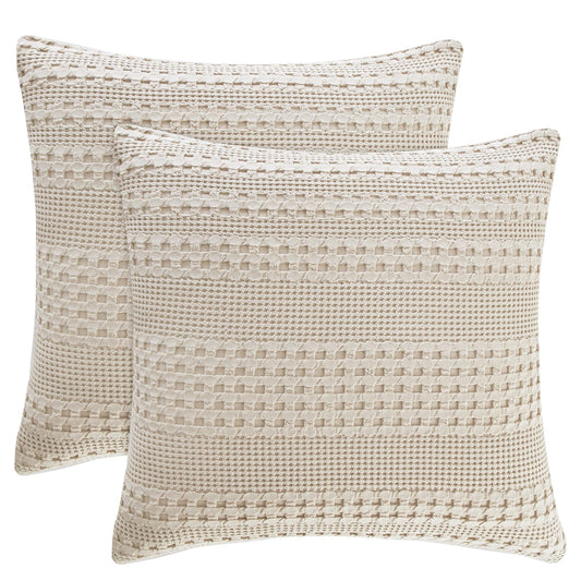 PHF 100% Cotton Waffle Weave Euro Sham Covers, 2 Pack 26" x 26" Bed Pillow Covers for Elegant Home Decor, No Filling, Luxury Aesthetic Soft Euro Pillow Cases for Bed, Oatmeal