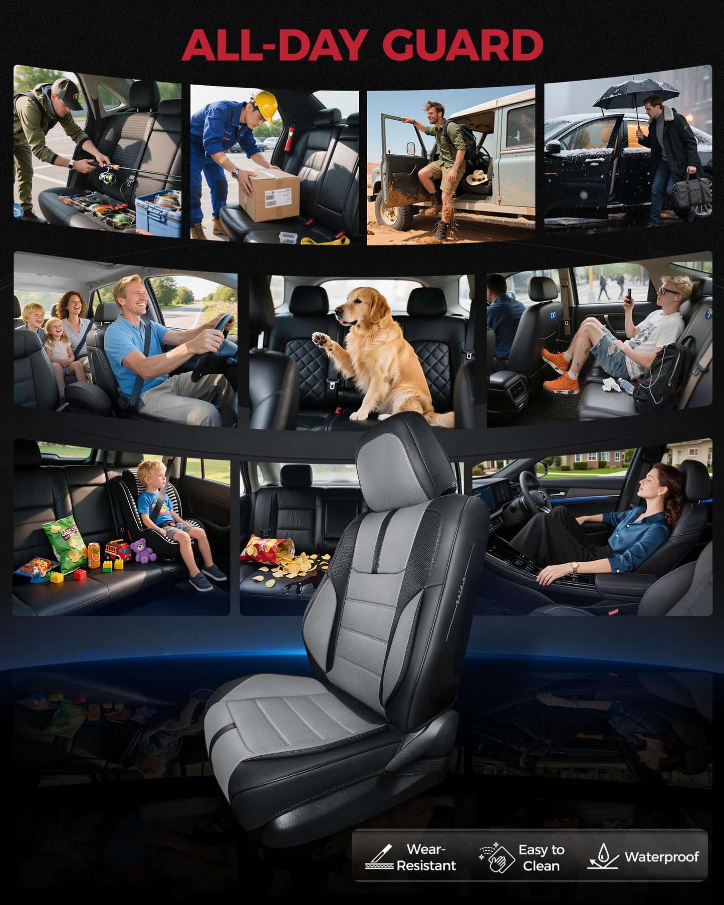 FREESOO Black Gray Car Seat Covers Full Set - Faux Nappa Leather Seat Covers for Cars, with Front Seatbelt Pads, Luxury Waterproof Cushion Protector Accessories Fit for Most 5 Seats Sedans SUV Trucks