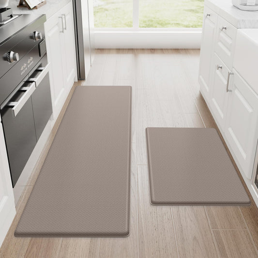 StepRite Kitchen Mats, 2PCS Kitchen Rugs, Cushioned Anti Fatigue Kitchen Mats for Floor, Non-Slip Standing Desk Mat, Waterproof Kitchen Rug Set for Kitchen, Floor, Office, 17.3"x30"+17.3"x47", Khaki