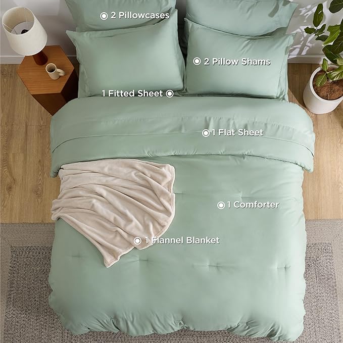 Bedsure Full Comforter Set Sage Green, 8 Pieces Prewashed Full Size Bed in a Bag with Soft Fleece Bed Blanket, Down Alternative Bedding Set for All Seasons, Sheets, Pillowcases & Shams