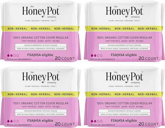 The Honey Pot Company - 80 ct - Sanitary Pads for Women - Non-Herbal Regular Flow w/Wings - Organic Cotton Cover & Ultra-Absorbent Pulp Core - Feminine Care - FSA & HSA Eligible