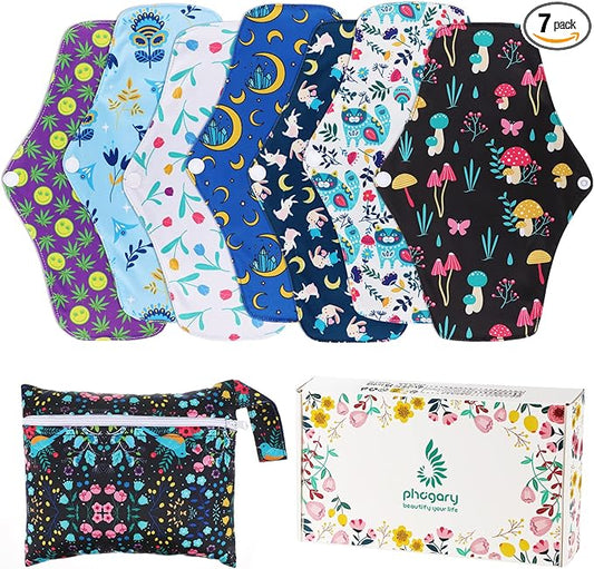 PHOGARY Reusable Menstrual Pads, Bamboo Cloth Pads for Heavy Flow with Wet Bag, Large Sanitary Pad Set with Wings for Women, Washable Overnight Cloth Panty Liners Period(7 in 1, Style G)