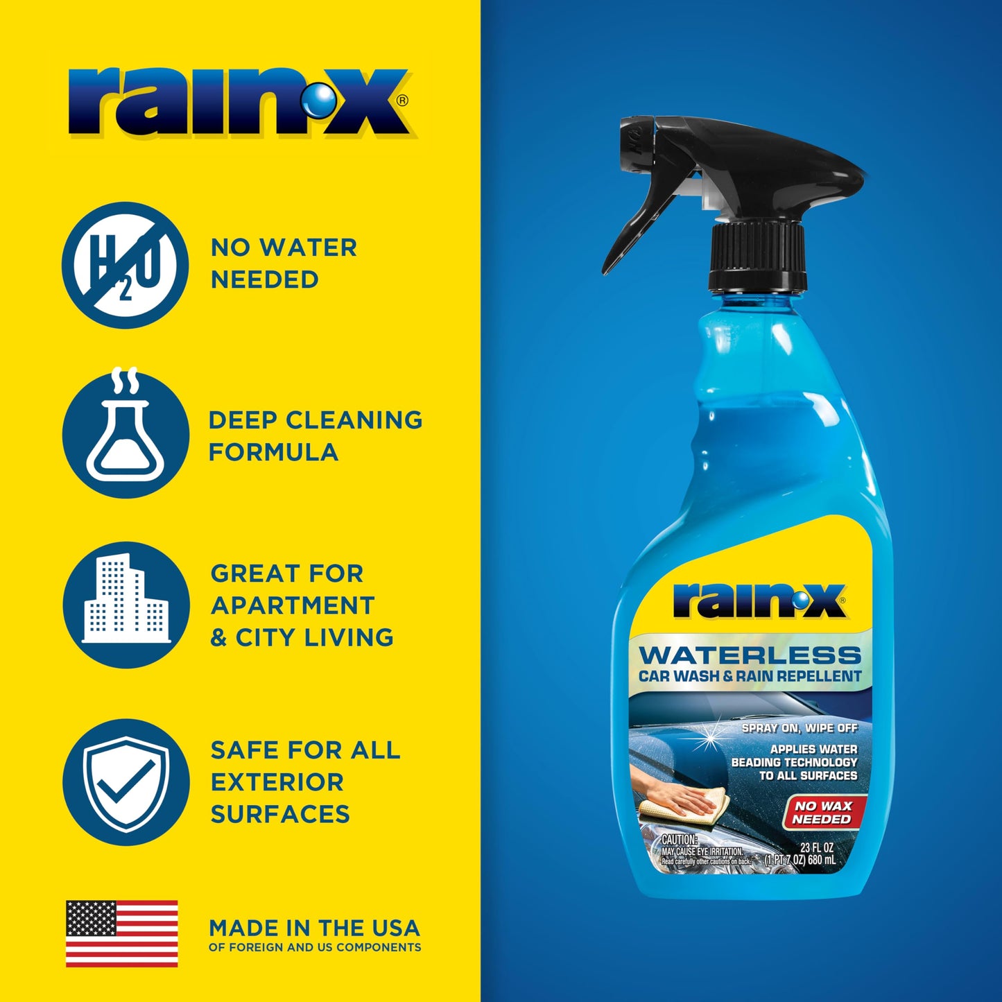Rain-X 620143 Waterless Car Wash and Rain Repellent, 23 fl. oz. Rinseless Cleaner Spray for a Spot Free Finish, Perfect for Quick and Easy Detailing. Premium No Rinse for on the go Washing