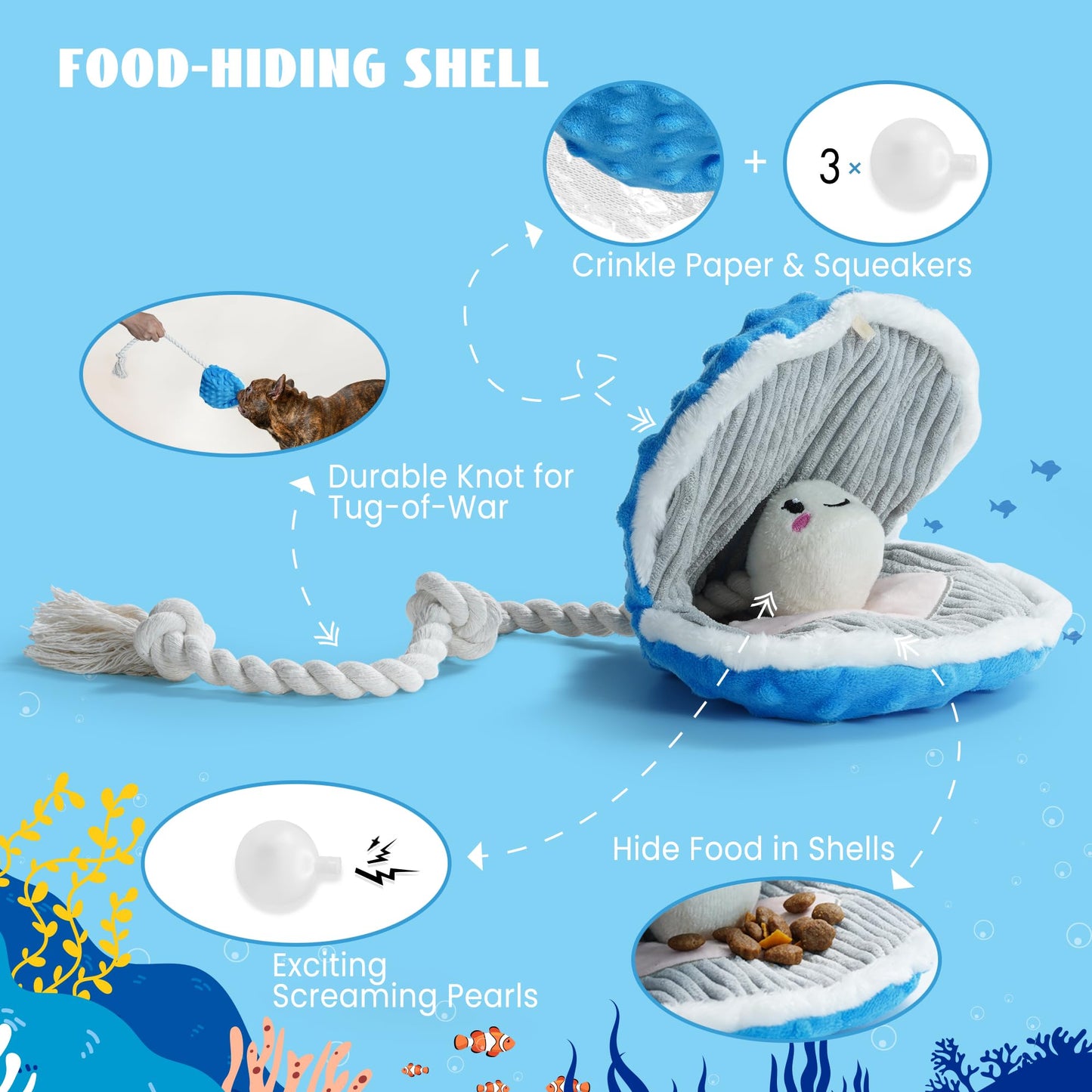Nocciola 4 Packs Crinkle Squeaky Dog Toys for Aggressive Chewers, Durable Stuffed Plush Rope Tug Puppy Toy for Small, Medium Large Dogs, Octopus Fish Ocean Beach Summer, Dog Birthday Gifts