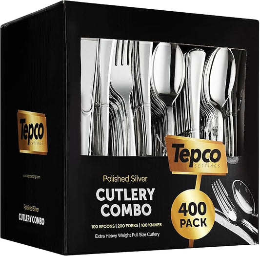 400 Plastic Silverware Set - Silver Cutlery Set - Disposable Flatware Set - 200 Forks - 100 Spoons - 100 Knives - Heavy Duty - Party Bulk