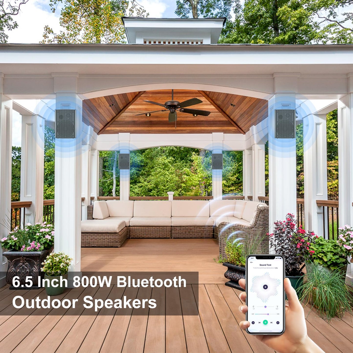 STUDIOFINIX 800W 6.5 Inch Outdoor Bluetooth Speakers Waterproof Wired with Multifunctional Amplifier Wall Mount Weatherproof Loudspeaker System for Patio Garden Poolside Home(4 Speakers,Black)