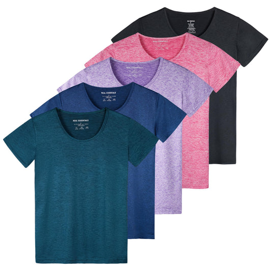 Real Essentials Womens Quick Dry Fit Dri Fit Active Wear Yoga Workout Athletic Tops Running Gym Exercise Ladies Short Sleeve Crew Scoop Neck Moisture Wicking Tees T-Shirt, Set 7, XL, Pack of 5