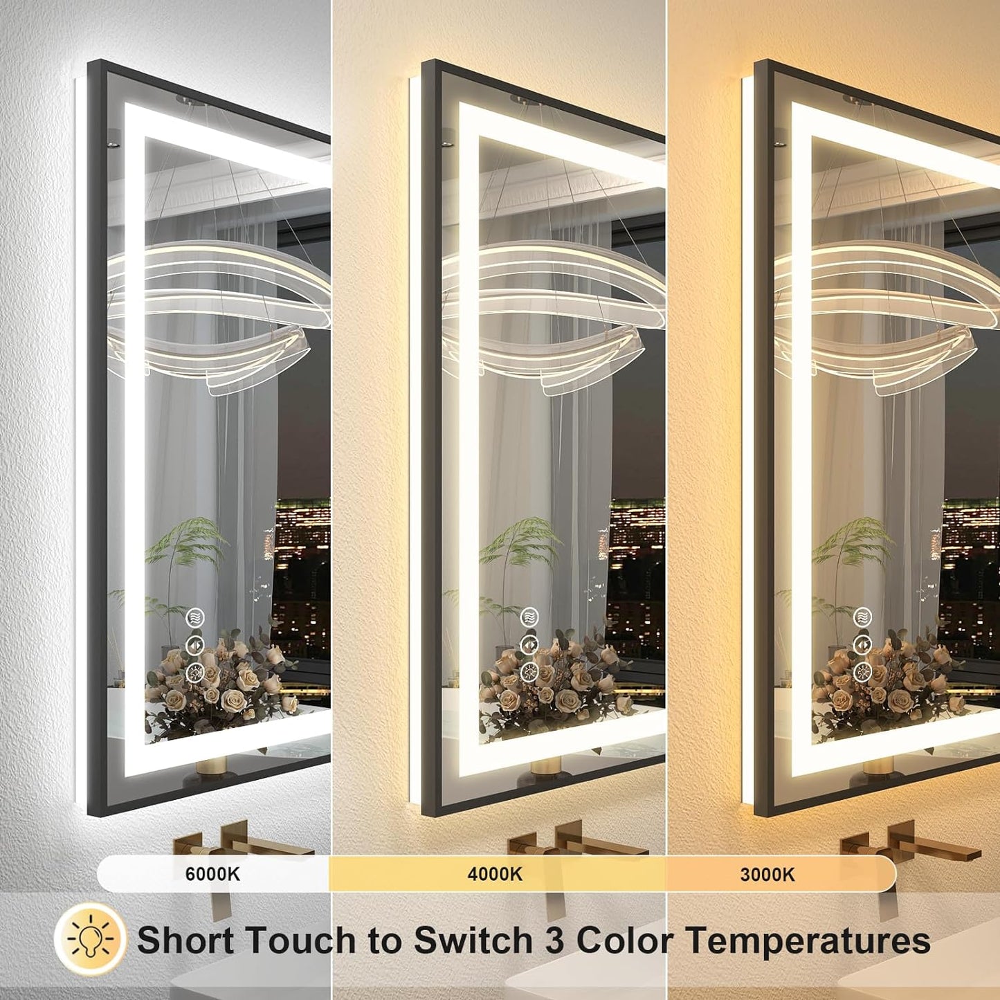 OKPAL 60x40 Black LED Bathroom Mirror, Lighted Bathroom Mirrors with Lights, Front Light and Backlit, Lighted Vanity Mirror, Dimmable, Anti-Fog, Shatterproof, ETL Listed (Horizontal/Vertical)