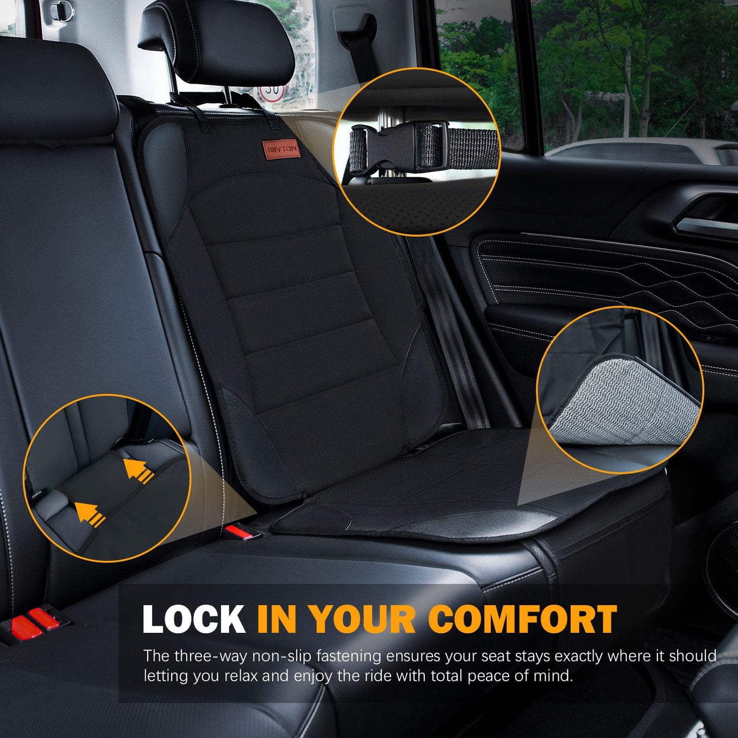 Siivton Car Seat Protector for Child Car Seat,Waterproof Car Seat Cover for Leather and Fabric Seats, 2 Mesh Pockets, Non-Slip Bottom,Thick Padding Cushion (Black)