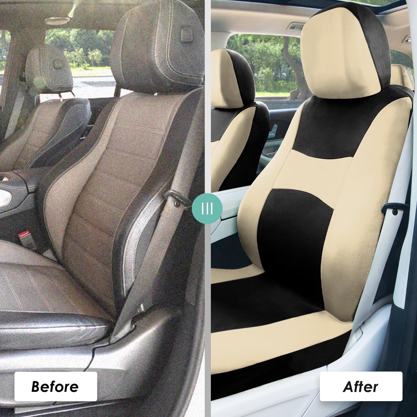 FH Group Car Seat Covers Full Set Cloth - Universal Fit, Automotive Seat Covers, Low Back Front Seat Covers, Airbag Compatible, Split Bench Rear Seat, Car Seat Cover for SUV, Sedan, Van Beige
