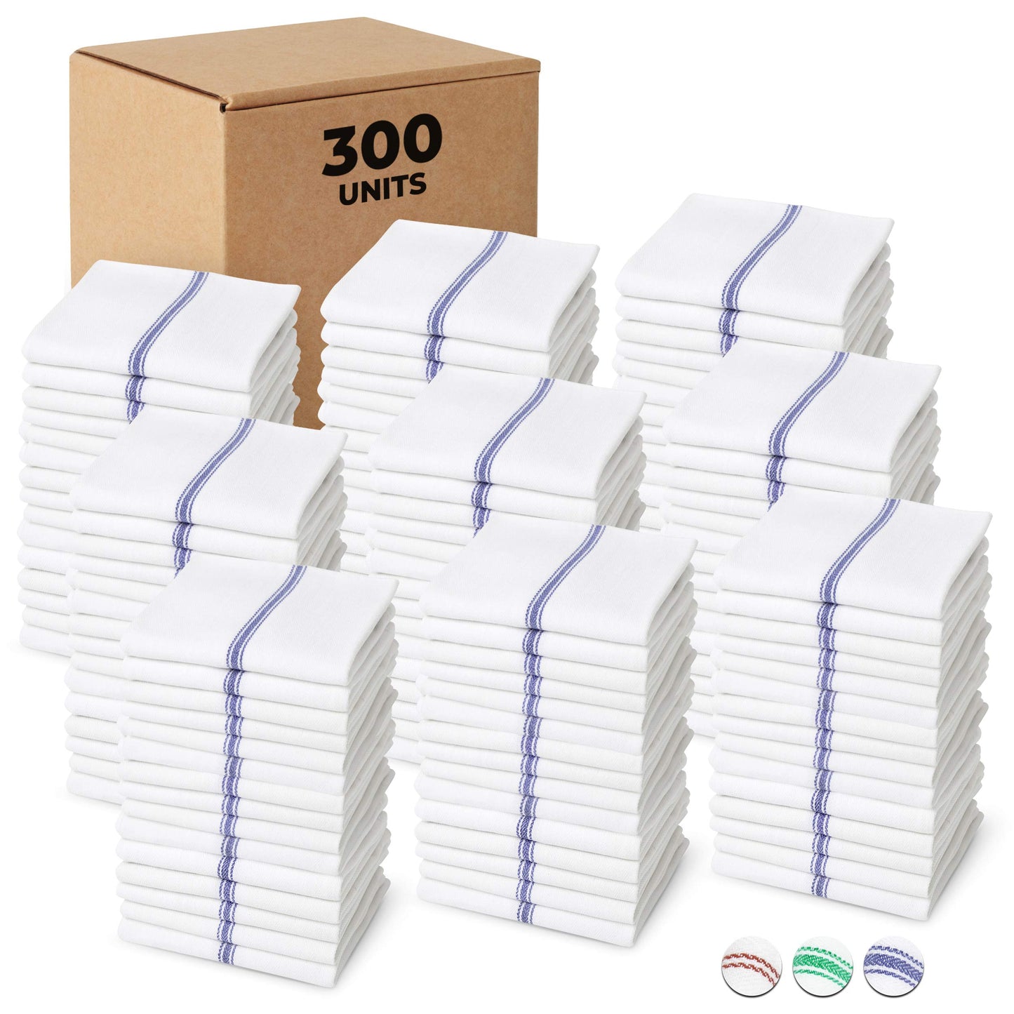 Bulk Economy Wholesale Kitchen Dish Towels (300 Towels) - 100% Cotton Herringbone - Commercial Grade - Bleach Resistant - Restaurant Bar Mops - 24 oz/dz - White with Blue Stripes