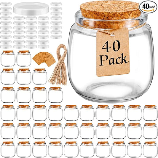 40 Pack Small Glass Jars, 7oz Mini Yogurt Jars with Cork Lids and PE Lids, Small Bottles with Label Tag and Twine, Glass Pudding Jar for Wedding Favors, Baby Shower, Milk, Jam, Honey
