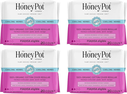 The Honey Pot Company - 80ct - Herbal Sanitary Pads for Women - Regular Flow w/Wings - Infused w/Essential Oils for Cooling Effect & Organic Cotton Cover - Feminine Care - FSA & HSA