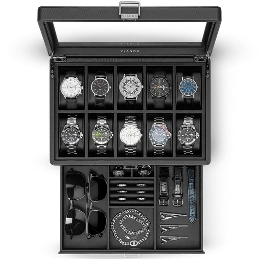 Vlando Watch Box 10 Slots, Lockable Watch Case with Textured Leather, 2 Layer Watch Holder for Rings, Glasses, Mens Jewelry Box with Glass Lid, Removable Divider, Gifts for Father, Husband, Black