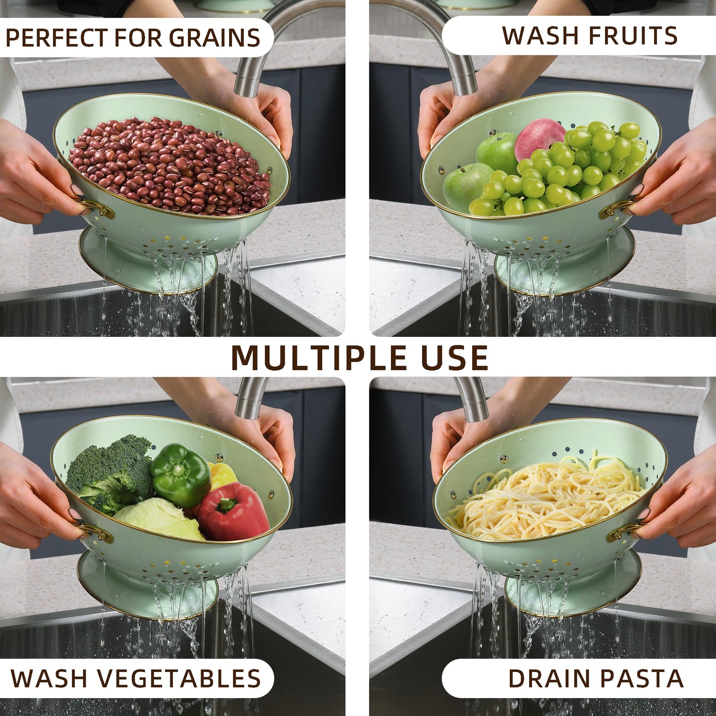 Metal Colander Set of 3, Strainer Basket with Handles perfect for Spaghetti, Pasta, Berry, Vegetable, Fruit, Solid Base Powder Coated Kitchen Essential Strainer Set, 1 & 3.5 & 5 Qt (Green)