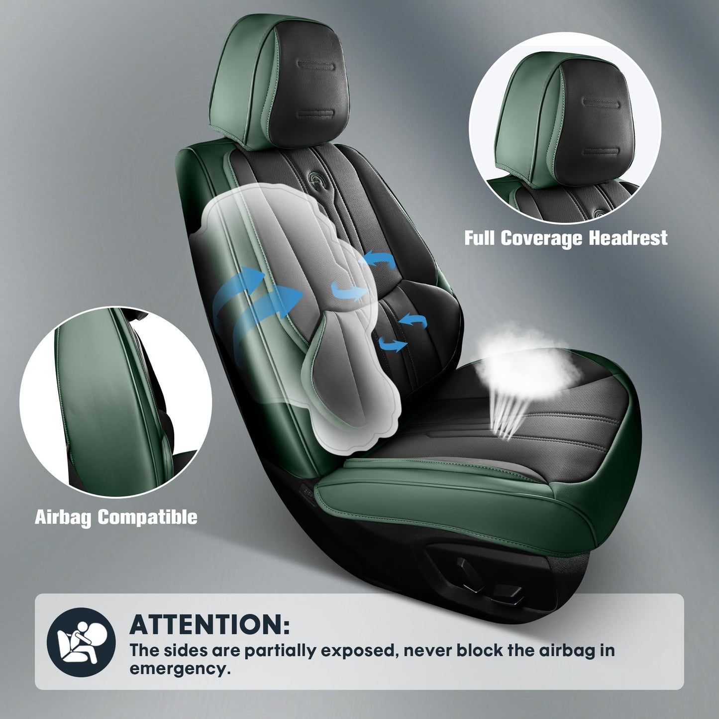 AOOG Car Seat Covers Full Set, Leather Seat Covers for Car, Waterproof Car Seat Protector with Lumbar Support, Automotive Seat Covers Universal Fit for Most Cars SUV Trucks (Full Set, Green&Black)
