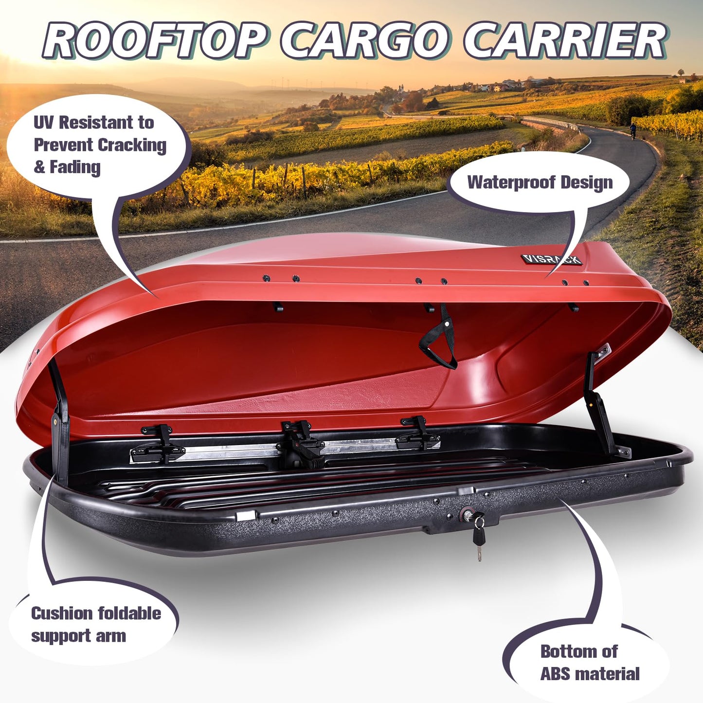 SHINEUX Rooftop Cargo Carrier Hard Shell with Security Keys, Cargo Box, 14 Cubic Feet Roof Rack Cargo Carrier, Rainproof Cargo Carrier for Top of Vehicle(Tool-Free Install), RED