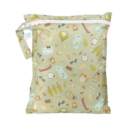 Bumkins Waterproof Wet Bag for Baby, Travel, Swim Suit, Cloth Diapers, Pump Parts, Pool, Beach, Gym Clothes, Toiletry, Hook to Stroller, Daycare, Zipper Reusable Wetdry Packing Pouch, Camp Gear Green
