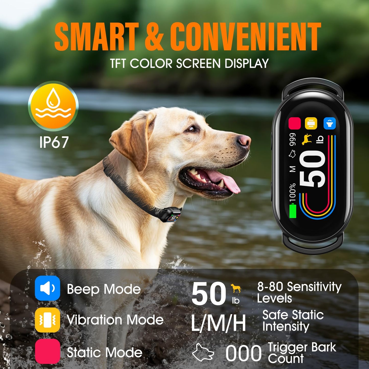 SKBAK Smart Dog Bark Collar, for Small Medium Large Dogs 10-100lbs, Automatic Dog Training Collar to Decrease Barking, Anti Barking Device with 4 Training Modes, More 8 Sensitivity Levels, Black