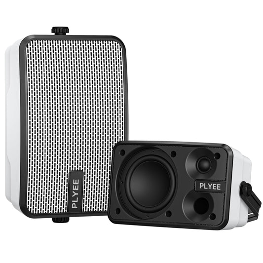 Plyee Audio 400W Outdoor Bluetooth Speakers, Wireless Sync Between Speakers, IPX5 Waterproof, Powerful Bass, Wall Mount for Patio, Porch, Gazebo, Garage, 2-Pack, White(MZ-621)