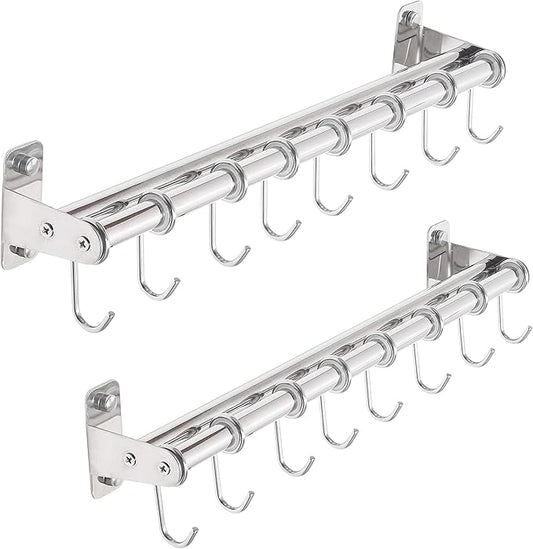 Dseap Pot Rack - Pots and Pans Hanging Rack Rail with 8 Hooks, Double Bars, Pot Hangers for Kitchen, Wall Mounted, Chromed, Pack of 2