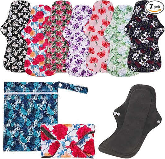 PHOGARY Reusable Menstrual Pads, Washable Overnight Cloth Panty Liners, 7pcs Bamboo Cloth Large Sanitary Pads for Heavy Flow with 1pc Wet Bag