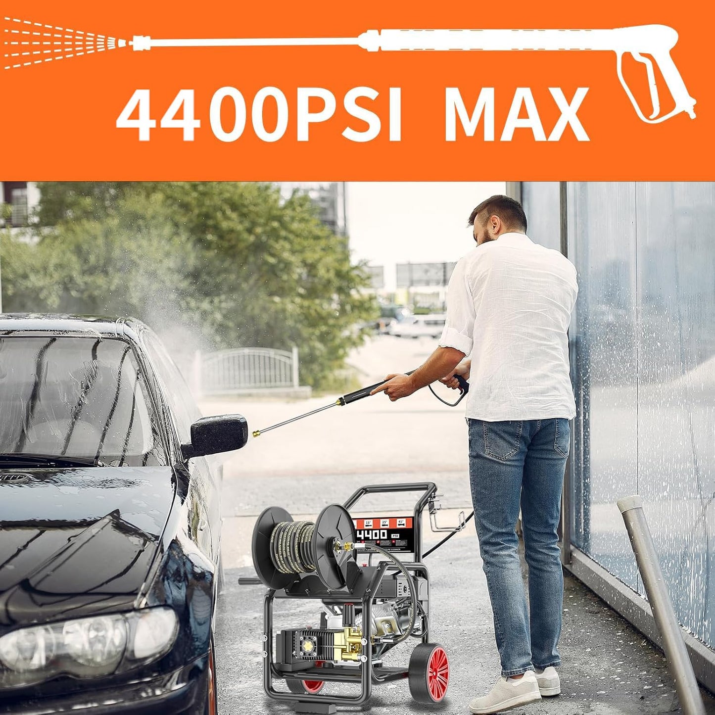KARHDIR 4400PSI Gas Pressure Washer with Hose Reel, One-Button Start 296cc 15HP 4-Cycle Engine, 4.0 GPM Heavy Duty Power Washer with 50FT 3/8" Hose, Spray Gun & Wand, 5 Quick Connect Nozzles