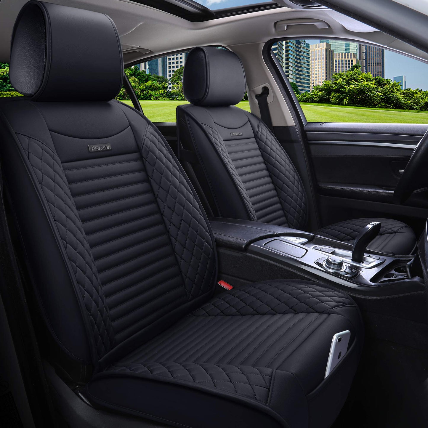 Aierxuan 5 Car Seat Covers Full Set Waterproof Leather Universal Fit Nissan Honda Civic CRV Hrv Kia Sorento Toyota Corolla 4Runner Camry Hyundai Jeep Ford Focus Edge Mazda (Full Set, Black)