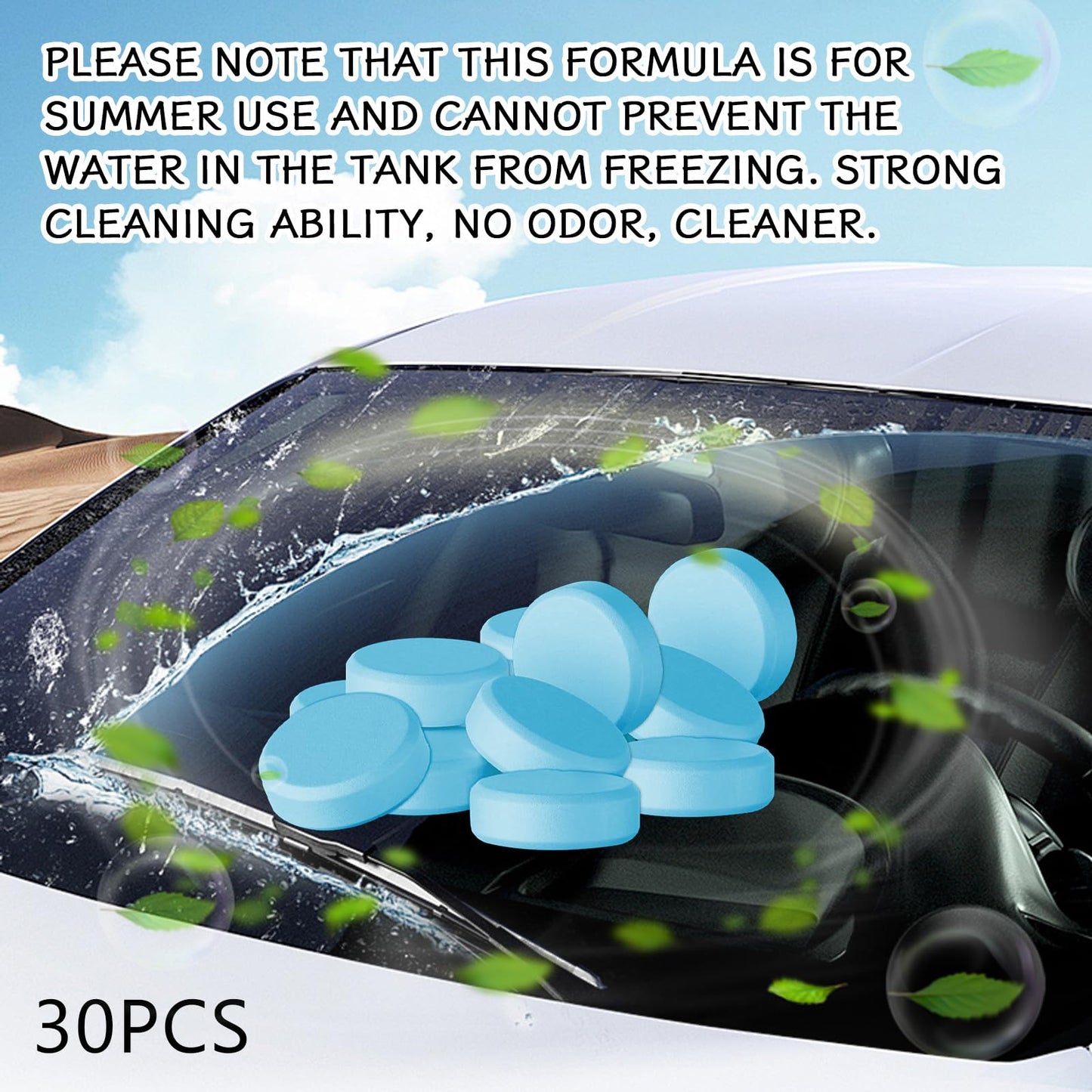 KUQUTIDY 30PCS Washer Fluid Tablets, Windshield Wiper Fluid Cleaner Concentrate, Car Windshield Window Washer Solid Effervescent, Remove Glass Stains for Car Room Kitchen Window Glass Cleaning