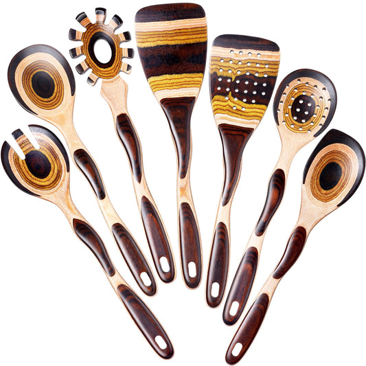 NAYAHOSE Kitchen Utensils Set for Cooking, 7 Pcs Pakkawood Wooden Cooking Spoons & Spatulas with Spoon Rest, Safe for Non-Stick Cookware, Housewarming Kitchen Gift (Brown Spoon-7pcs)