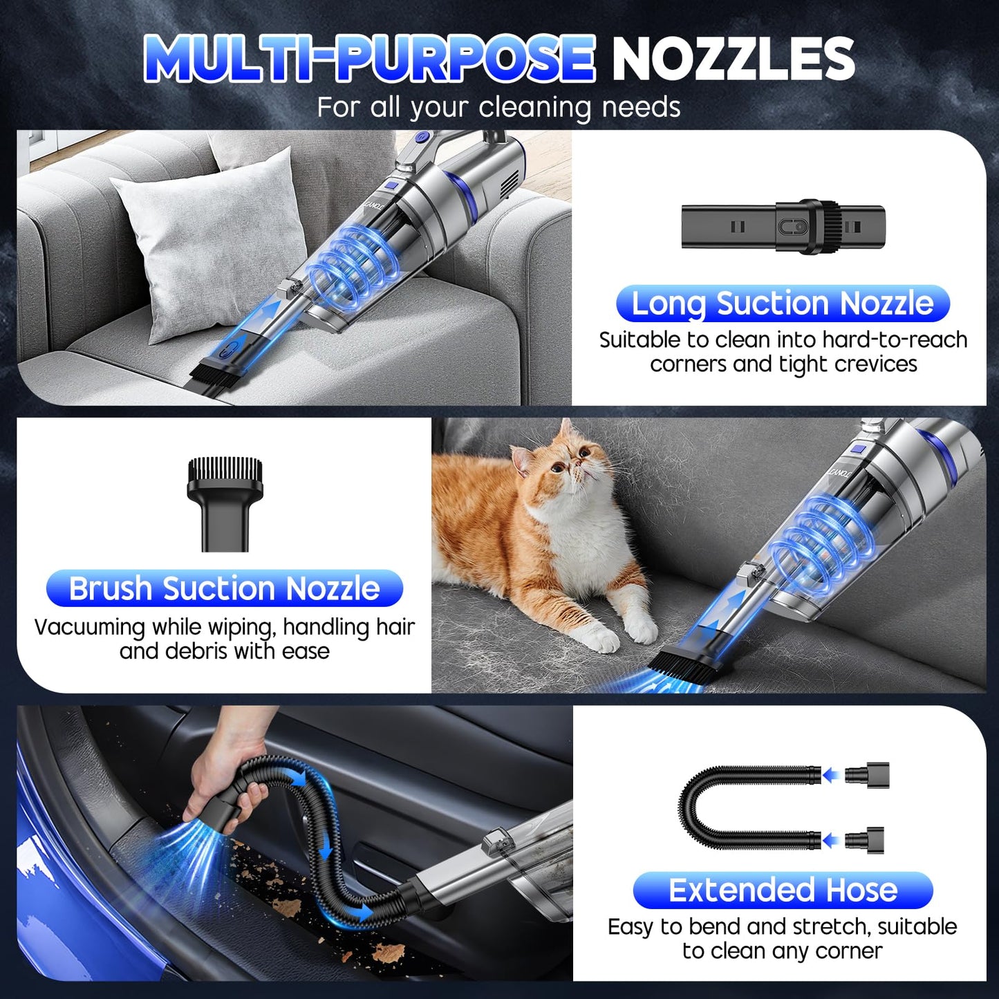 JONYJ Handheld Vacuum Cordless, 16000PA Strong Suction Hand Held Car Vacuum Cleaner, Portable Hand Vacuum Rechargeable with Multi-Nozzles & LED Light for Home, Car, Office, Pets