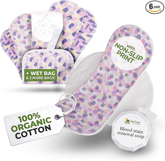 Non-Slip Organic Reusable Period Pads for Light Flow (S+M, 6-Pack); High-Temp Washable Cotton Cloth Pads for Women & Teens; Non-Irritating, Soft Reusable Pads Menstrual for Comfortable Period Care