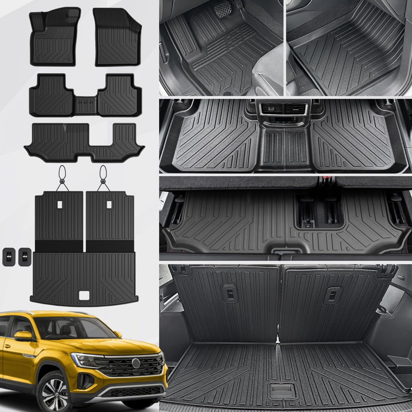 JOULARISE Floor Mats Set for 2018-2025 Volkswagen VW Atlas 7 Seats Bench Seating Car Mat Accessories(Not Fit Cross Sport), All Weather TPE Cargo Liner Trunk Mat(Floor Mats+2-in-1 Cargo Mat)