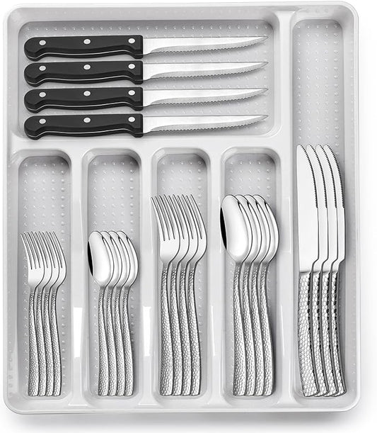 49-Piece Hammered Silverware Set with Organizer, Food-Grade Stainless Steel Flatware for 8, Cutlery Utensil Sets with Steak Knives, Rust-proof, Mirror Polished, Dishwasher Safe, Wave Hammered